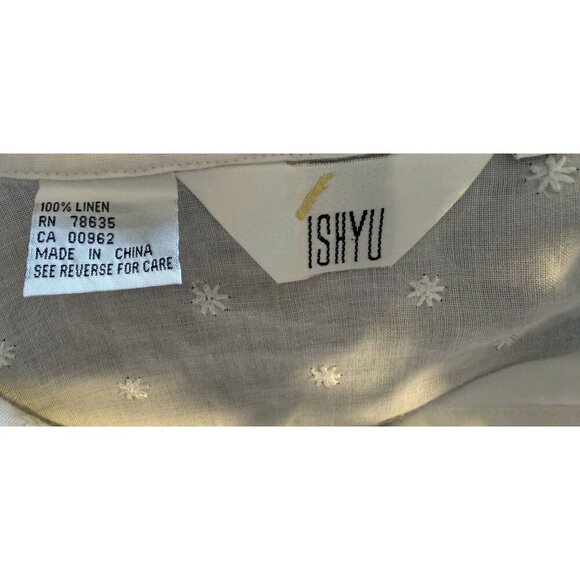 Ishyu Womens White Linen Floral Embroidered Button-Front Shirt Blouse 3/4 Sleeve - Picture 3 of 4
